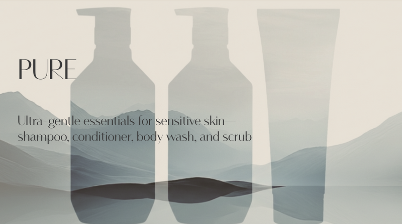 Multiple white bottles of the Pure Collection Ultra-Gentle Hypoallergenic Body Wash in an angled formation on a light grey beige background.