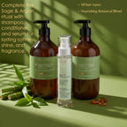 Set of shampoo, conditioner, and serum bottles with green leaves and bamboo on a green background