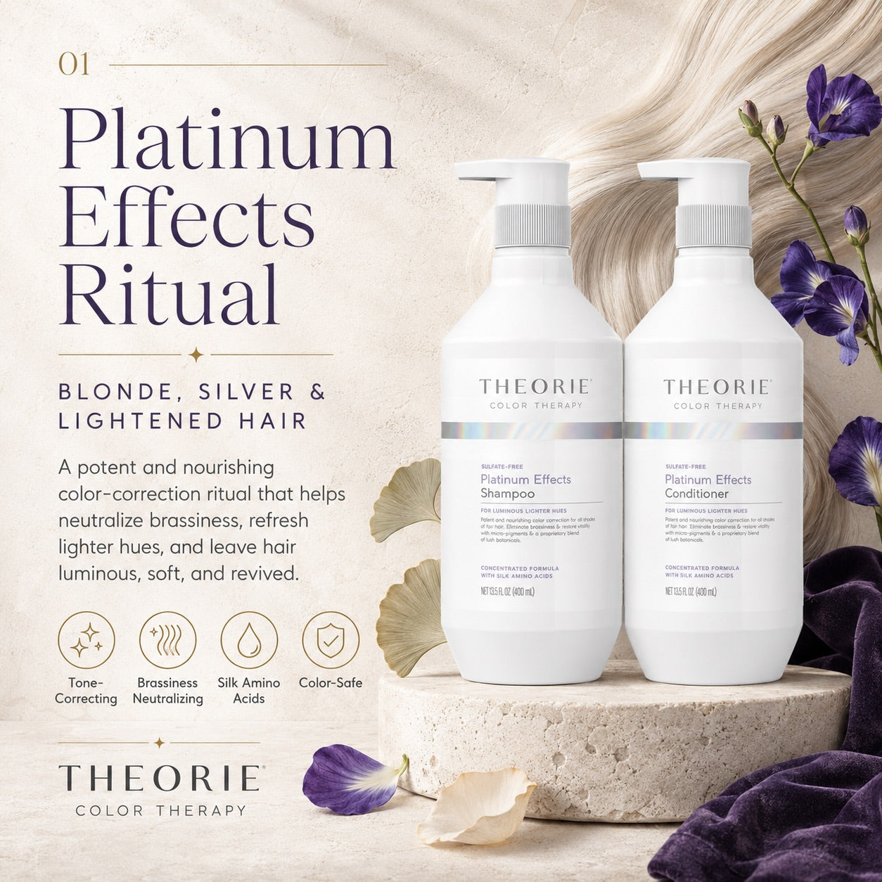 Theorie Platinum Effects Ritual shampoo and conditioner bottles with decorative elements on a neutral background