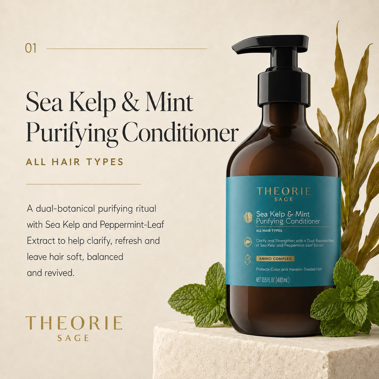 Theorie Sage Sea Kelp & Mint Purifying Conditioner bottle with greenery on a beige background