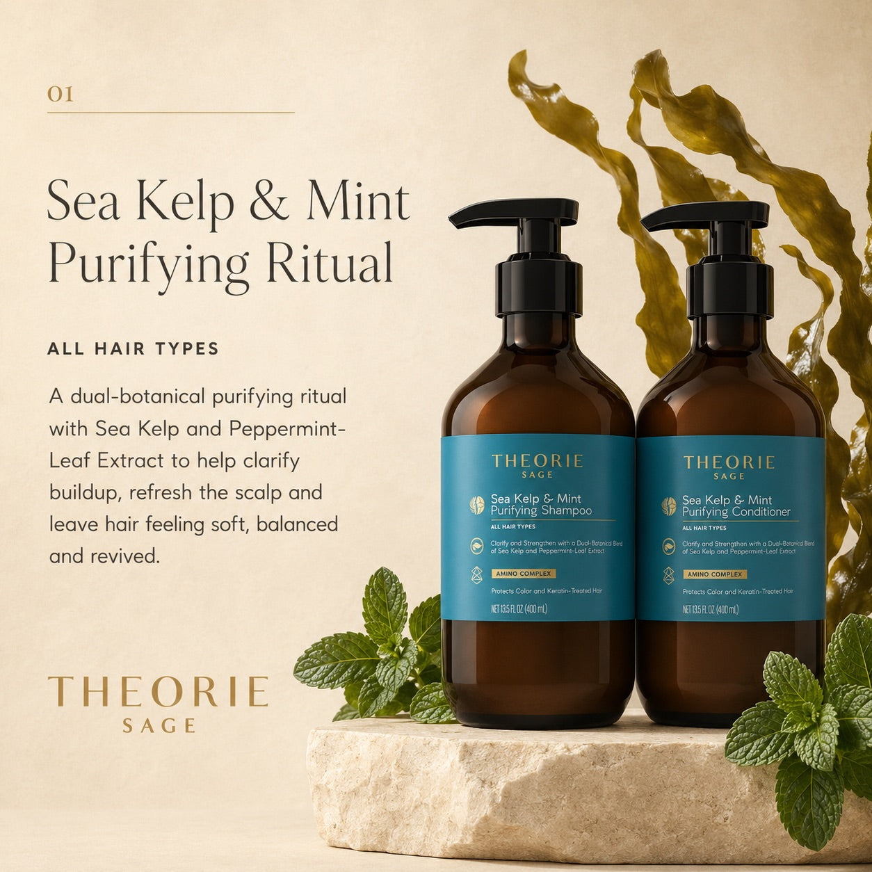 Two brown bottles of Theorie Sage Sea Kelp & Mint Purifying Ritual on a beige background with greenery.