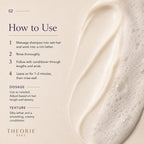 Instructions on how to use a hair care product with a close-up of the texture and brand name 'Theorie Sage'.