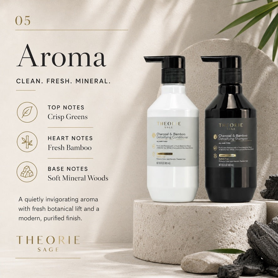 Two bottles of Theorie Sage hair care products on a stone surface with descriptive text about aroma.