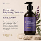 Theorie Sage Purple Sage Brightening Conditioner bottle with lavender and sage leaves on a beige background