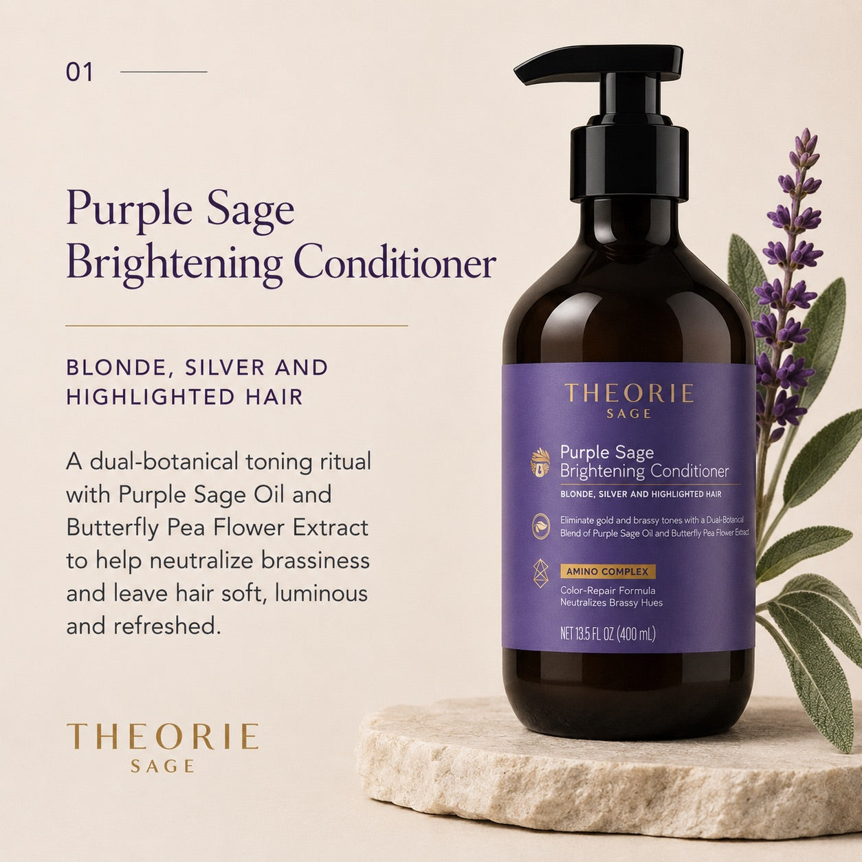 Theorie Sage Purple Sage Brightening Conditioner bottle with lavender and sage leaves on a beige background