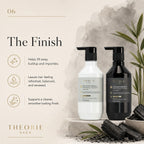 Two bottles of Theorie Sage hair care products with text describing their benefits on a neutral background.