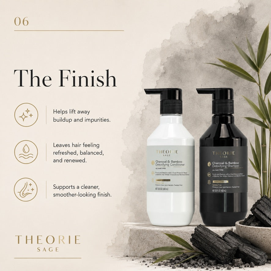 Two bottles of Theorie Sage hair care products with text describing their benefits on a neutral background.