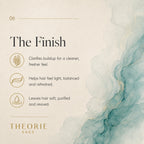 Text describing 'The Finish' of a product by Theorie Sage with abstract blue and white design.