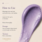 Purple shampoo bar with usage instructions on a beige background, featuring the brand 'Theorie'.