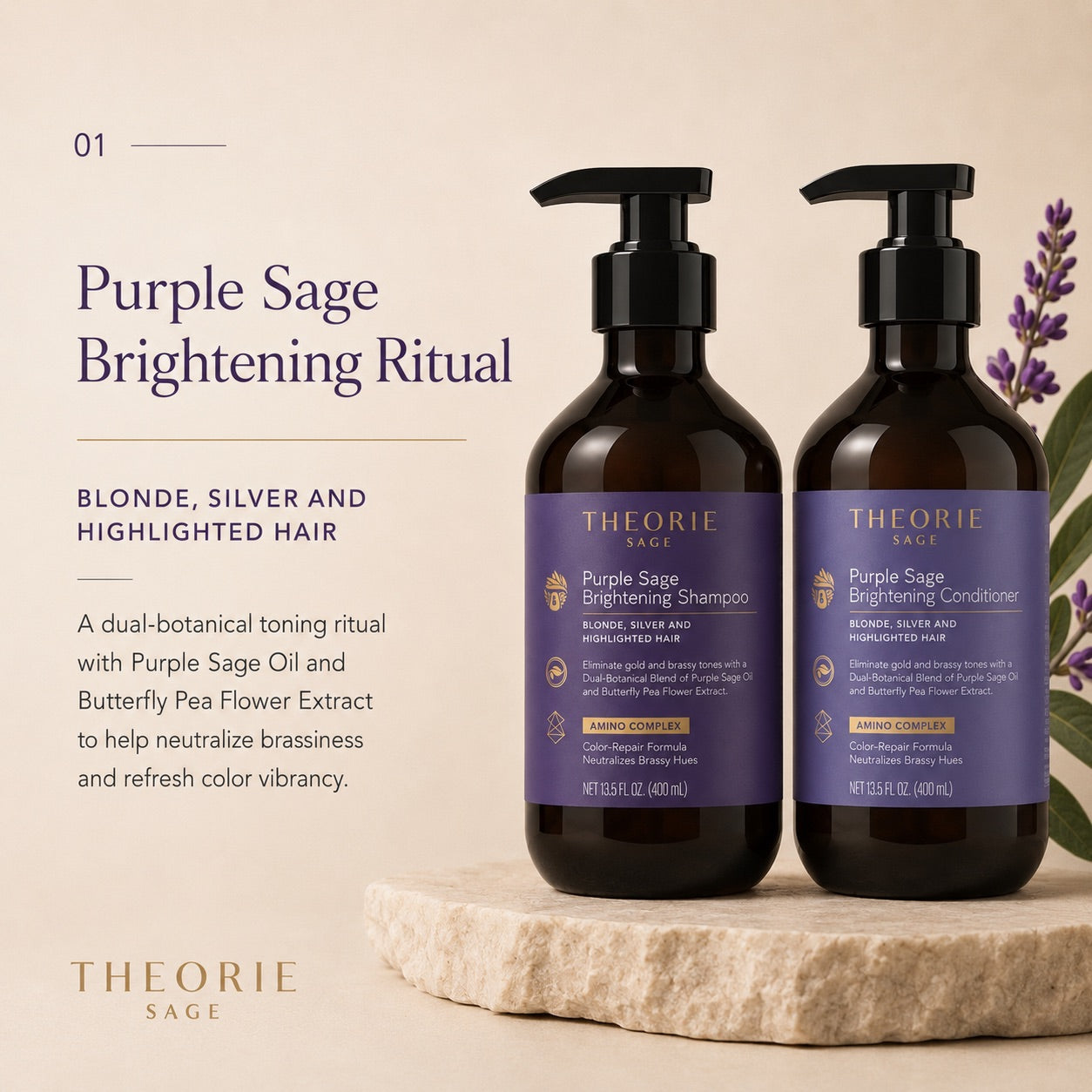 Two bottles of Theorie Purple Sage Brightening Ritual shampoo and conditioner on a beige background with lavender flowers.