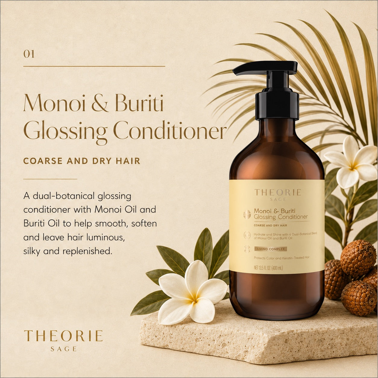 Monoi & Buriti Glossing Conditioner bottle with decorative elements on a light background