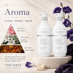 THEORIE shampoo and conditioner bottles with floral elements on a neutral background