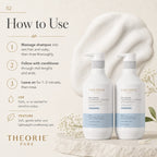 Theorie Pure shampoo and conditioner bottles with usage instructions on a light background