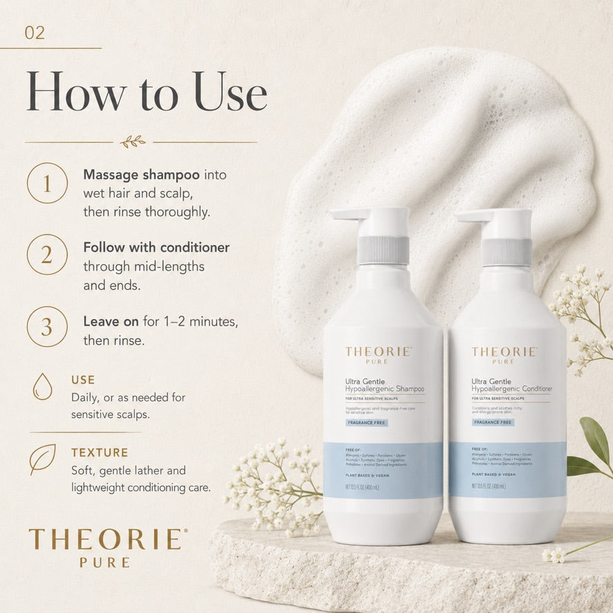 Theorie Pure shampoo and conditioner bottles with usage instructions on a light background