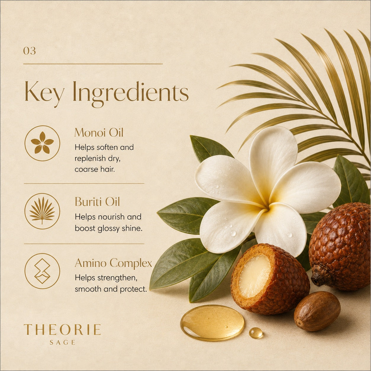Key ingredients of a hair care product with monoi oil, buriti oil, and amino complex, featuring a tropical flower and leaves on a beige background.