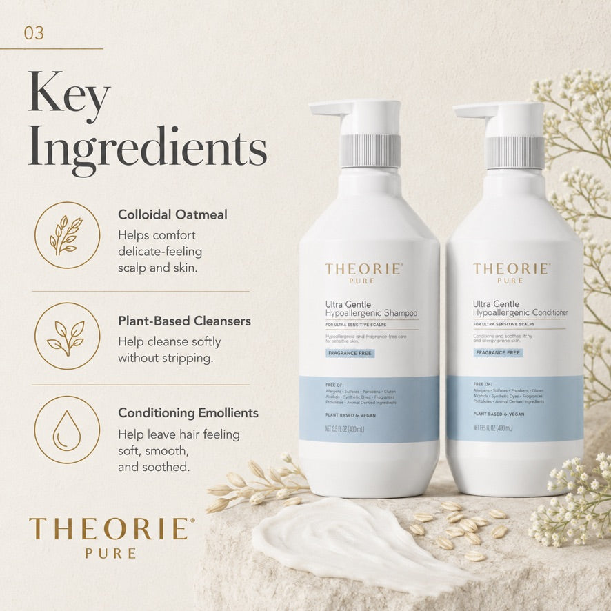 Theorie Pure shampoo and conditioner bottles with key ingredients listed on a light background