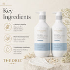 Theorie Pure shampoo and conditioner bottles with key ingredients listed on a light background