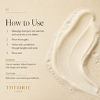 Instructions on how to use a shampoo and conditioner with a close-up of the product on a beige background, featuring the brand 'Theorie'.