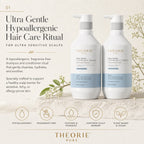 Two bottles of Theorie Pure Ultra Gentle Hypoallergenic Hair Care Ritual on a light background with text and branding.