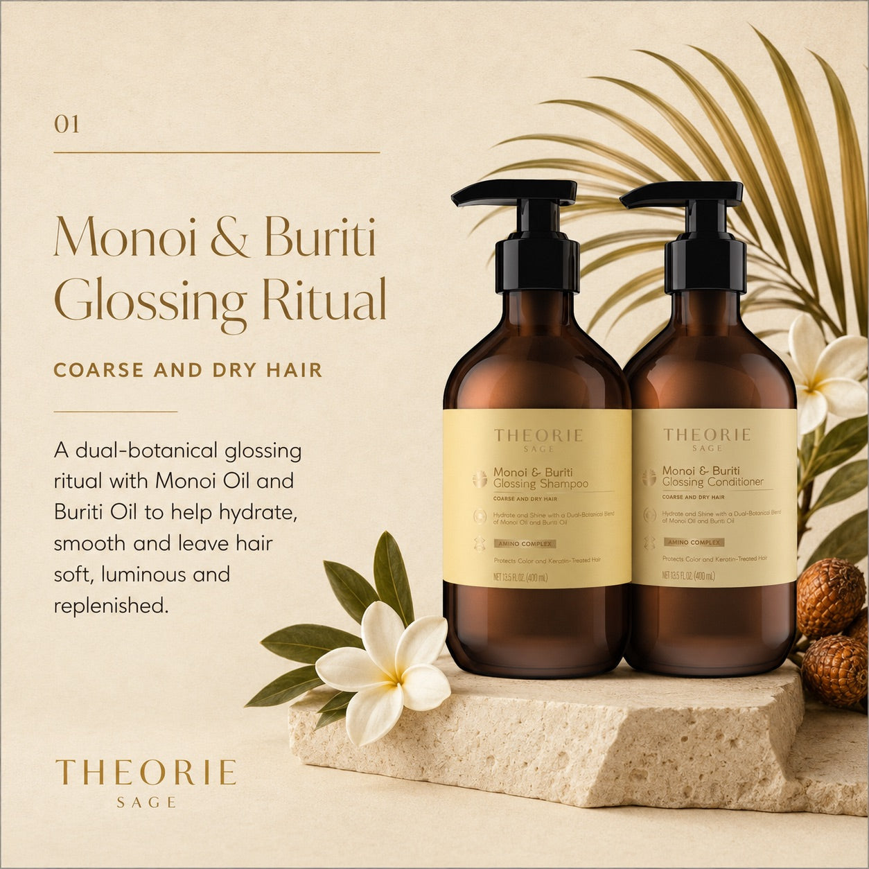 Two brown bottles with black pumps on a stone surface, surrounded by leaves and flowers, with 'Theorie' branding.