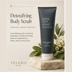 Theorie Body detoxifying body scrub with text on a neutral background