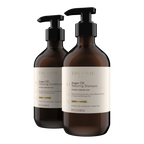 Two bottles of Theorie Argan Oil Restoring Shampoo and Conditioner on a white background