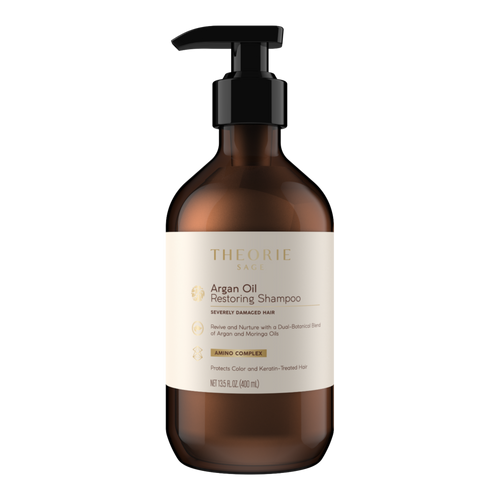 Brown shampoo bottle with black pump and white label on a white background