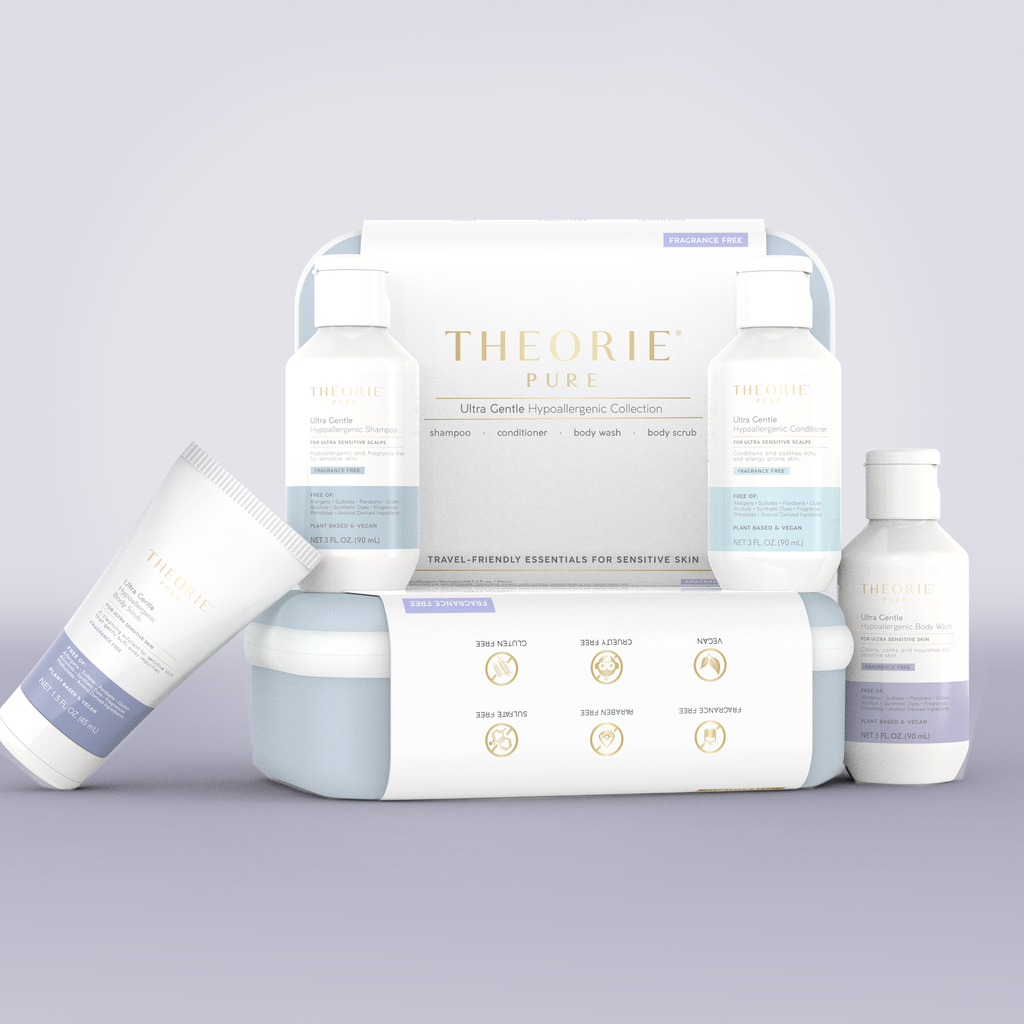 Theorie travel kit set on a pastel background
