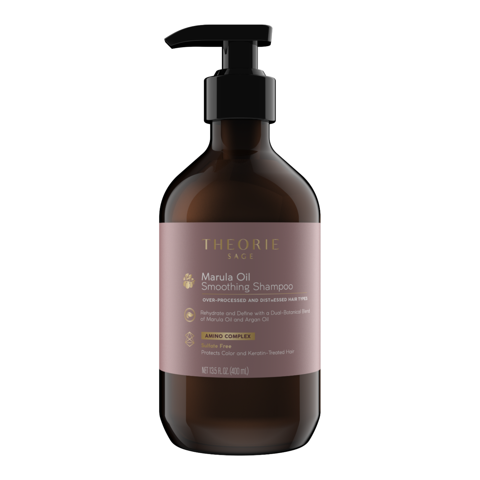 Theorie Marula Oil Smoothing Shampoo bottle on a white background